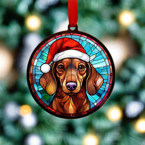 Dachshund Red in Santa Hat Suncatcher Decoration